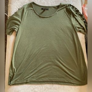 NWOT Goddess Olive Green Cold Shoulder Criss Cross Sleeve Top